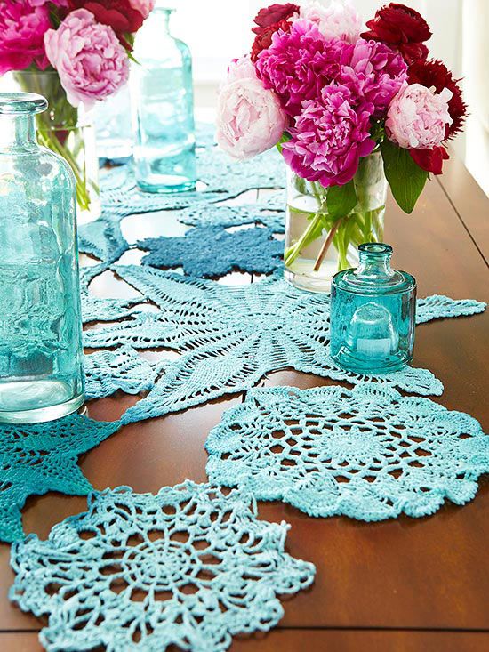 Hand-stitch vintage cotton doilies together to create a free-form table runner: http://www.bhg.com/decorating/decorating-style/flea-market/flea-market-makeovers/?socsrc=bhgpin060214doilyrunner&page=13