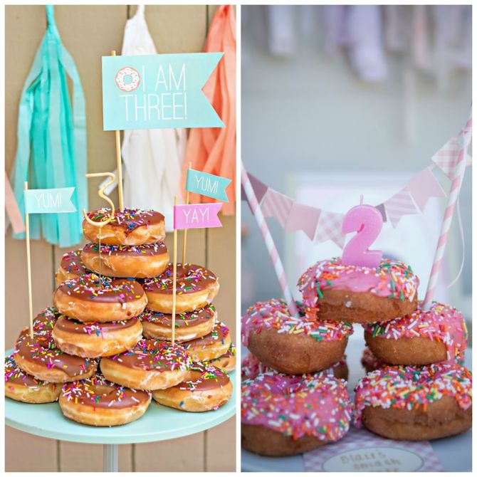 Donuts com coberturas e recheios para a festa infantil