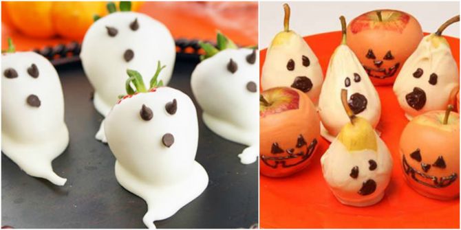 Frutas cobertas com chocolate branco formam fantasmas